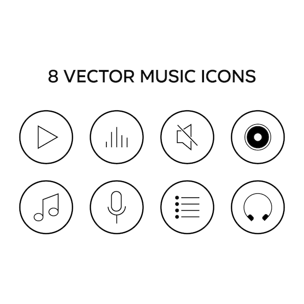 8 Conjunto de íconos de música Ilustración de acciones Símbolos musicales Vector de acciones de amplificador negro y blanco