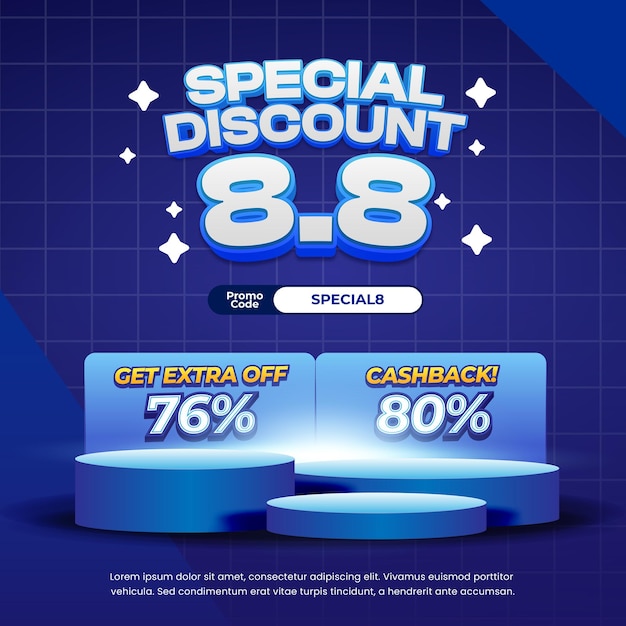 8 Día de compras Oferta de descuento de venta ofrece promoción con vector de banner de cuadrícula de gradiente azul suave