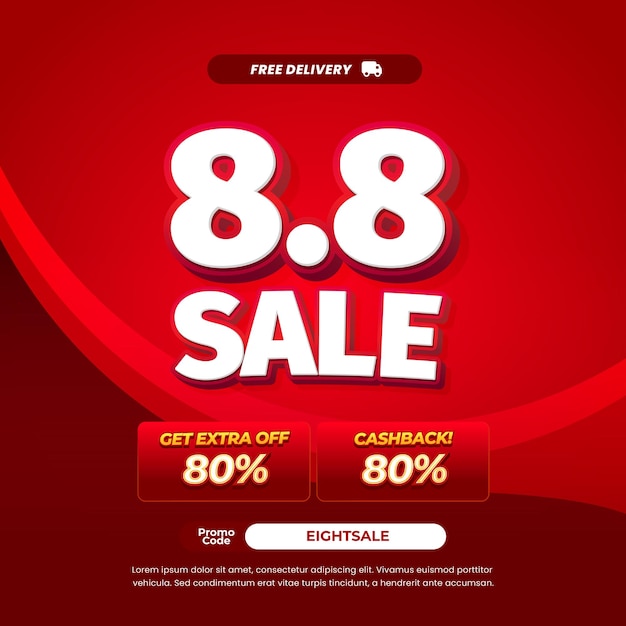 8 Día de compras Ofertas de descuento de venta con gradiente rojo dinámico Banner blanco de texto editable