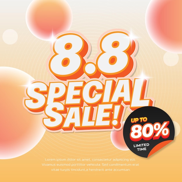 8 Día de compras Venta de descuento Ofertas con glassmorphism Esfera 3D Vector de concepto naranja