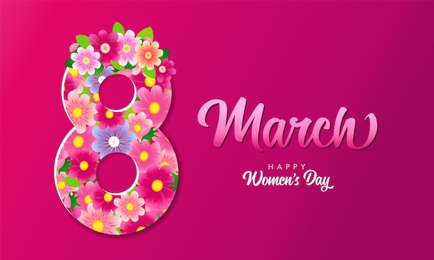 Vector 8 de marzo afiche del día de la mujer feliz. letras y flores. tarjeta de felicitación para el día internacional de la mujer