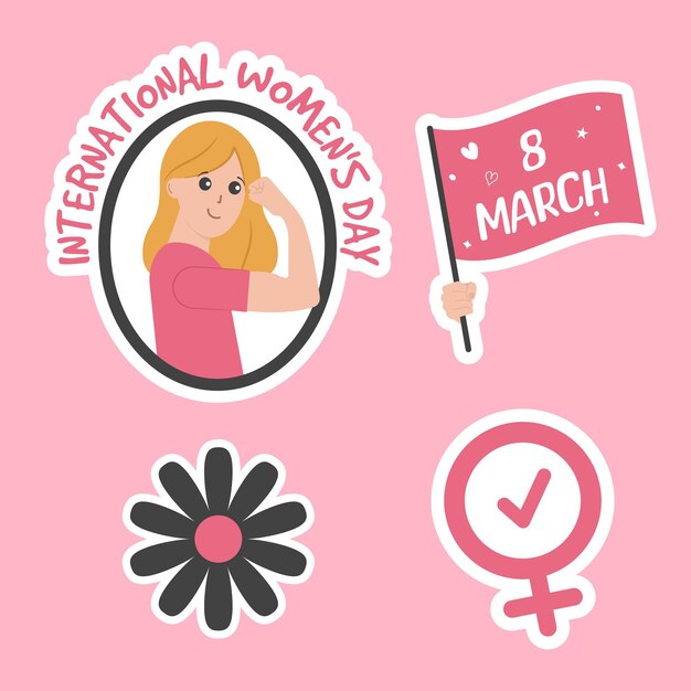 8 de marzo día internacional de la mujer ilustración vectorial en un conjunto de pegatinas de estilo plano