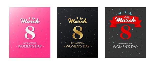 8 de marzo día internacional de la mujer tarjetas de felicitación vectoriales ilustraciones blancas sobre oro rosa