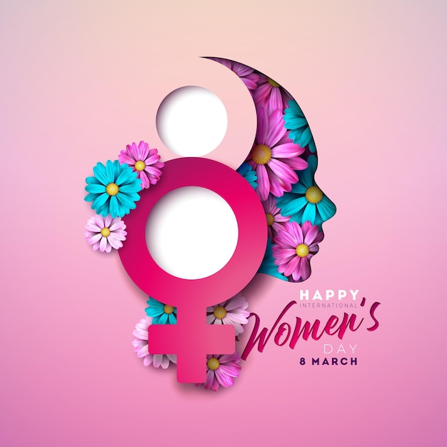 Vector 8 de marzo día de la mujer ilustración con flores de colores de primavera en cara de mujer y símbolo femenino