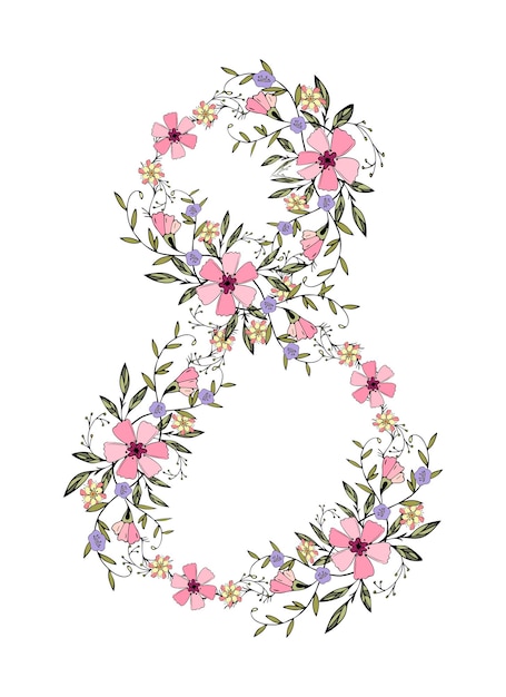 8 de marzo Día de la mujer postal flores dibujo a mano garabatos número 8 estampado de flores