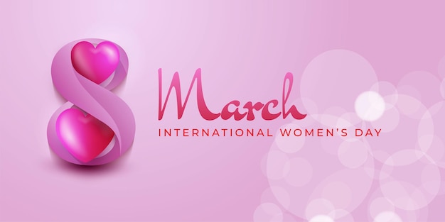 8 de marzo Feliz día de la mujer Banner con corazones 3d sobre fondo rosa