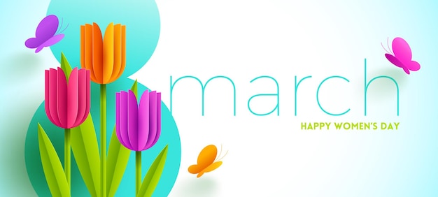 8 de marzo - ilustración del día internacional de la mujer. tarjeta de felicitación con flores de tulipanes de papel y mariposas.