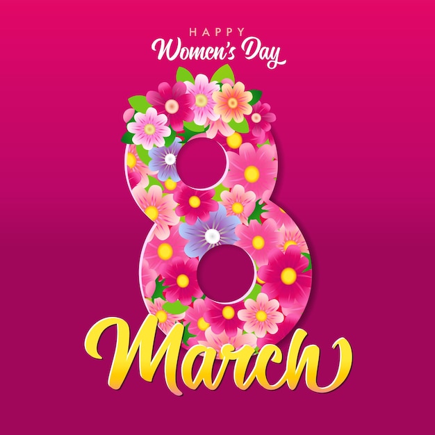 8 de marzo, Letras y flores del Día de la Mujer Feliz, pancarta festiva. Tarjeta de felicitación con floral número 8