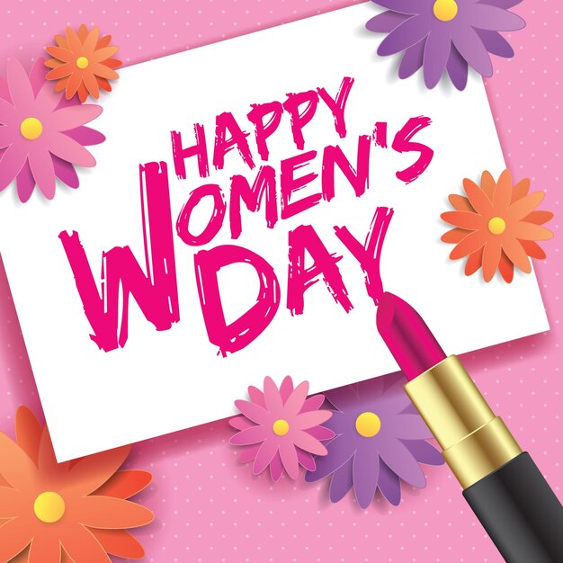 8 de marzo Plantilla del Día Internacional de la Mujer con lápiz labial, papel blanco y flores.
