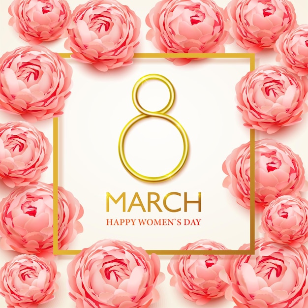 8 de marzo. tarjeta de felicitación del día de la mujer feliz con flores de peonías rosas realistas.