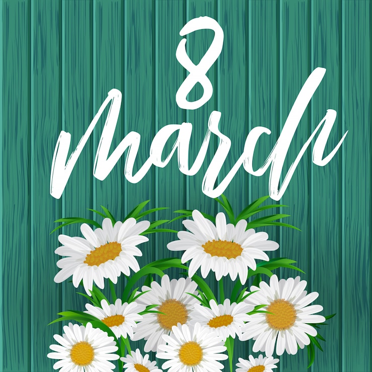 8 de marzo. Tarjeta de felicitación del día de la mujer con flores de manzanilla