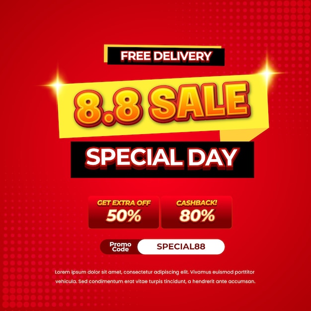 8 ofertas de descuento de ventas del día de compras Gradiente rojo Plantilla de banner pop-up amarilla