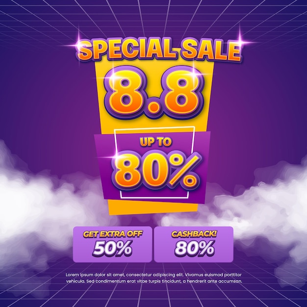 8 ofertas de descuento de ventas del día de compras plantilla de banner pop-up de gradiente púrpura y amarillo