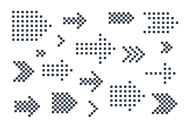 8 píxeles flechas de medio tono conjunto vectorial de iconos colección de cursores de dirección de flecha en viejas PC o estilo de consola de juegos símbolos de un solo color para logotipos