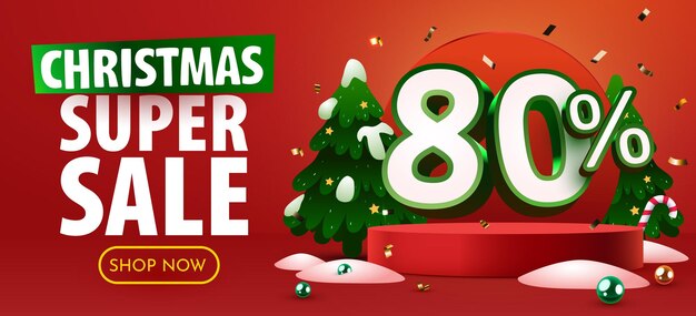 80 por ciento de descuento Composición creativa Feliz Navidad y Feliz Año Nuevo Banner de venta y