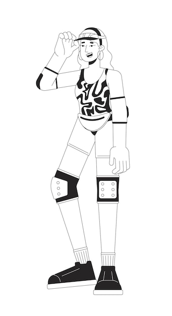 80s aerobics junkie dibujos animados en blanco y negro ilustración plana 90s ropa de entrenamiento mujer rubia 2D personaje lineal aislado traje de chica patinadora Nostalgia escena monocromática imagen de contorno vectorial