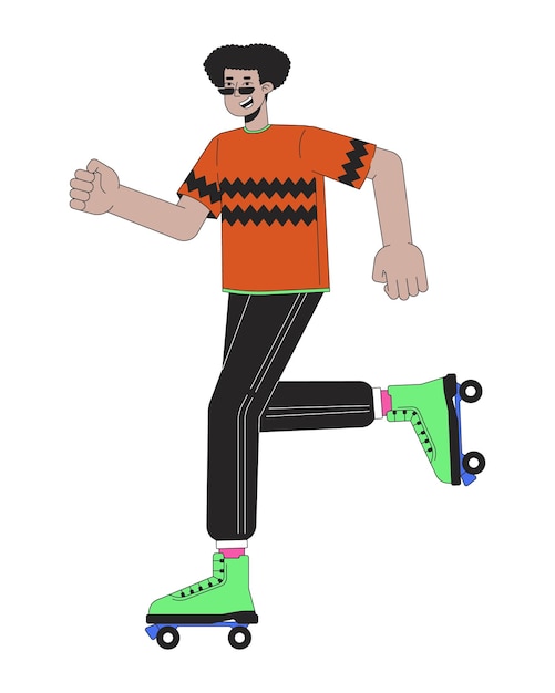 Vector 80s patinador patinaje sobre ruedas línea de dibujos animados ilustración plana hispano chico fresco patinaje sobre ruedas 2d personaje lineart aislado en fondo blanco años ochenta retro nostalgia escena de la moda imagen vectorial en color