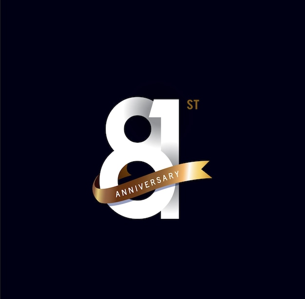 81 años de aniversario icono de número vectorial logotipo de cumpleaños etiqueta negra y blanca con cinta dorada