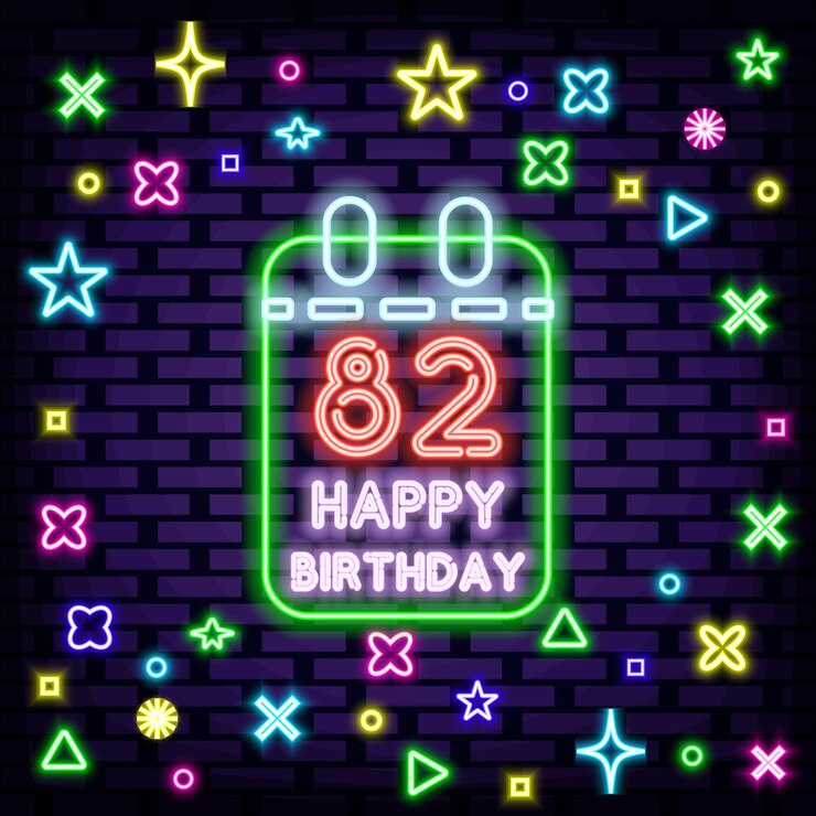 Vector 82.o feliz cumpleaños 82 años letreros de neón brillando con luz de neón de colores letrero de neón de anuncio