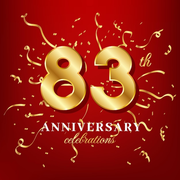 83 números dorados y texto de celebración de aniversario con confeti dorado esparcido sobre un fondo rojo