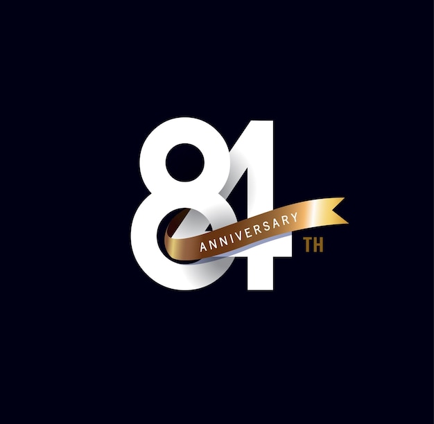 84 años aniversario vector número icono logotipo de cumpleaños etiqueta negra y blanca con cinta dorada