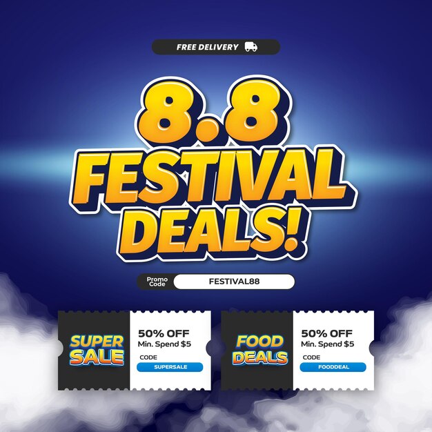 88 días de compras ofertas de descuento de venta Gradiente azul Texto amarillo Banner de efecto cómico