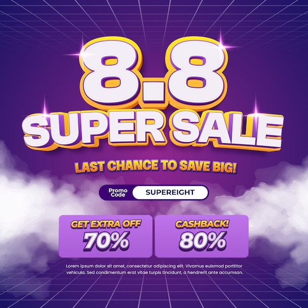 88 días de venta con descuento Exclusivo gradiente púrpura Efecto de texto editable Banner de cuadrícula nublada