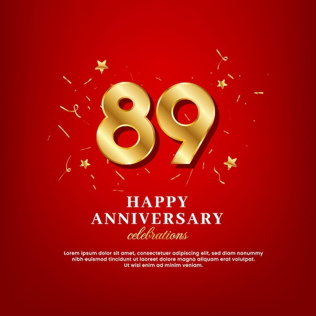 89 años de aniversario de números dorados celebrando texto y texto de felicitación de aniversario con confeti dorado esparcido sobre un fondo rojo