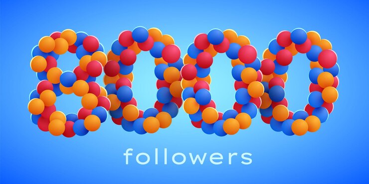 Vector 8k o 8000 seguidores gracias con globos de colores red social amigos seguidores celebrar suscriptores o seguidores y me gusta