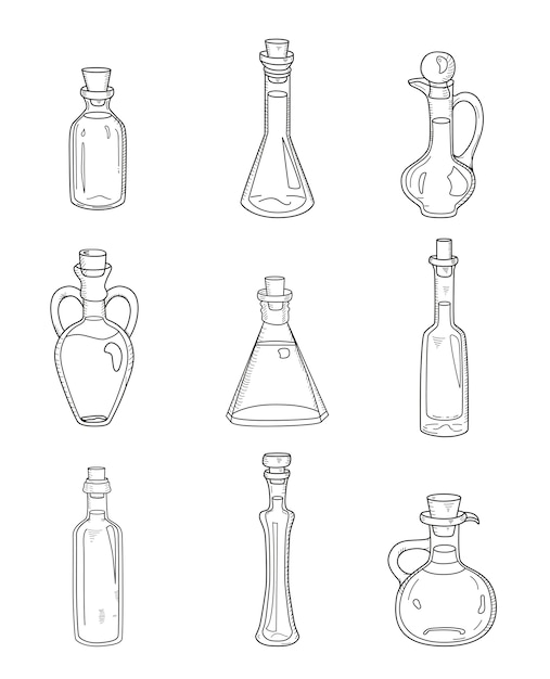 Vector 9 botellas de doodle aislado. conjunto incompleto dibujado a mano