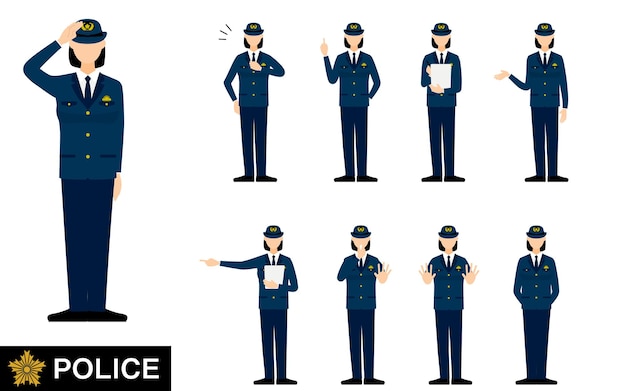 9 conjuntos posados de jóvenes policías saludando para detener la vigilancia, etc.