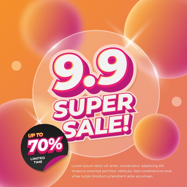 9 Día de compras Ofertas de descuento de venta con gradiente púrpura naranja suave Vector de banner de Glassmorphism