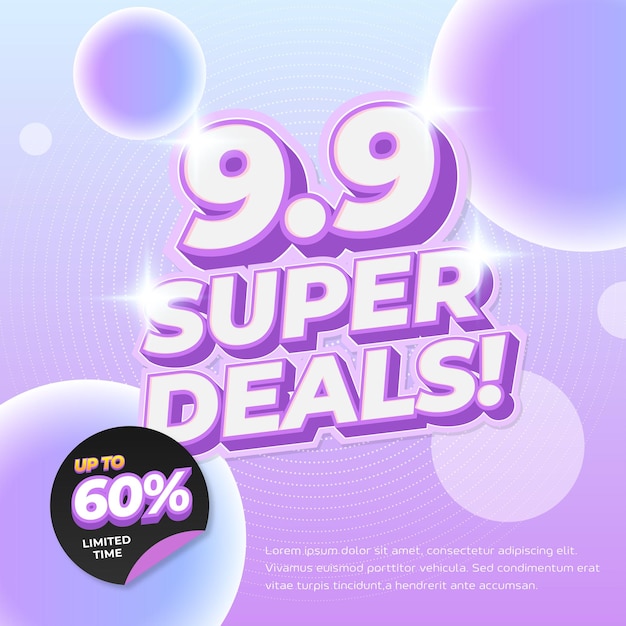 9 Día de compras Ofertas de descuento de venta con el vector de burbujas de gradiente pastel púrpura