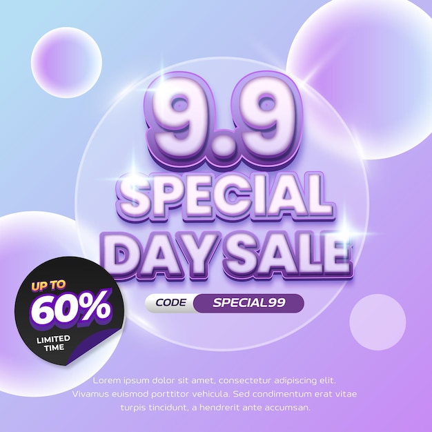 9 Día de compras Venta de descuento Ofertas con glassmorphism Esfera 3D Vector de concepto púrpura