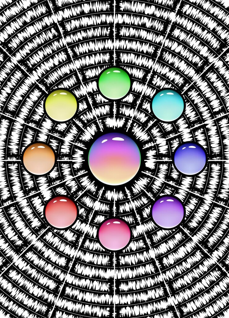 9 globos de colores con un patrón blanco y negro sobre un fondo blanco