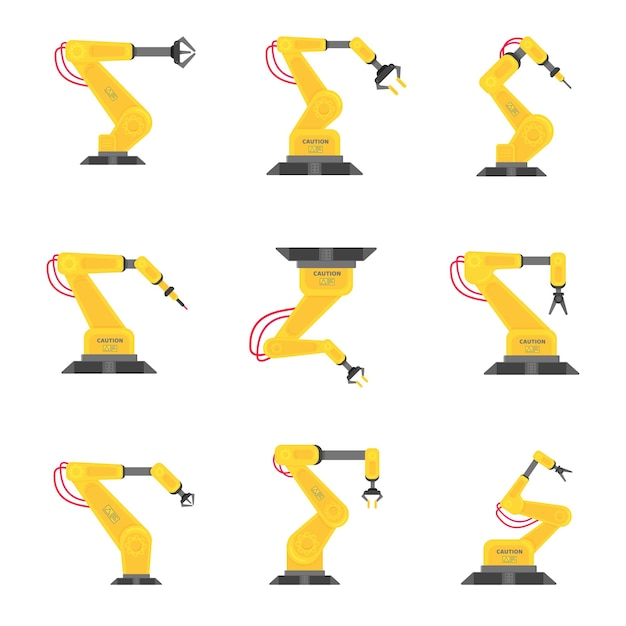 9 Ilustración de vector de diseño de estilo plano de brazo robótico establecer iconos signo aislado sobre fondo blanco Rob