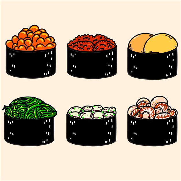 9 rollos de sushi Gunkan maki en estilo de dibujos animados