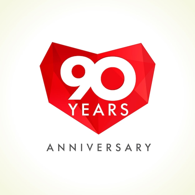 90 aniversario, 90 años celebrando el logotipo vectorial. felicitaciones de cumpleaños con corazón de vidrieras