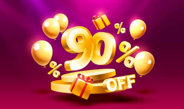 90 de descuento Composición creativa Símbolo de venta 3d con objetos decorativos Podio de confeti dorado y caja de regalo Banner de venta y póster Vector