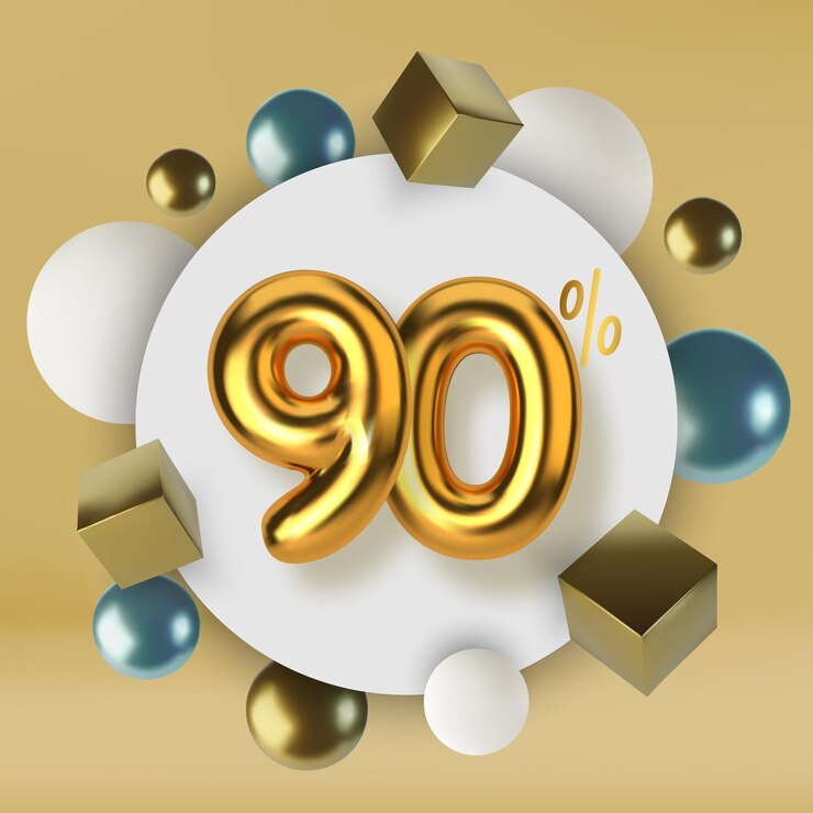 Vector 90 de descuento promoción venta hecha de texto dorado 3d esferas y cubos realistas