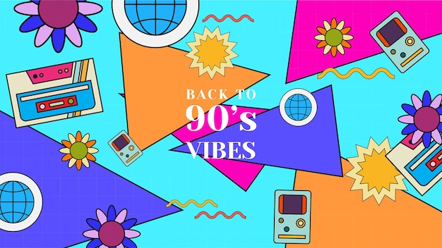 90s vibes set Trendy 90s elementos colección retro cosas técnicas entretenimiento y equipo de música aislados en fondo colorido De vuelta a los 90s ilustración plana vectorial