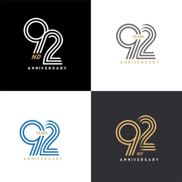 Vector 92 años aniversario vector número icono cumpleaños logo etiqueta negro blanco y colores con número de rayas