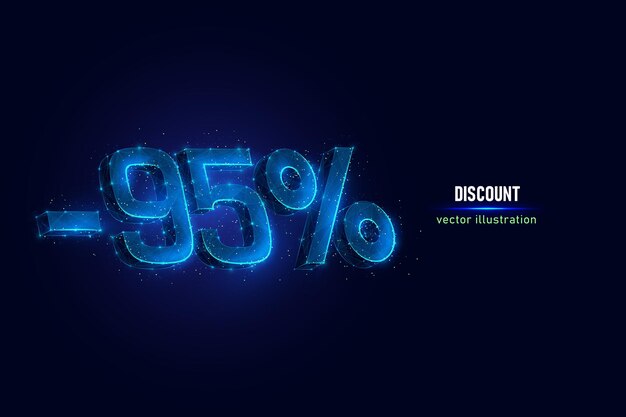 95 por ciento de descuento en estructura metálica digital hecha de puntos conectados. Ilustración de vector de baja poli de descuento de vacaciones sobre fondo azul.