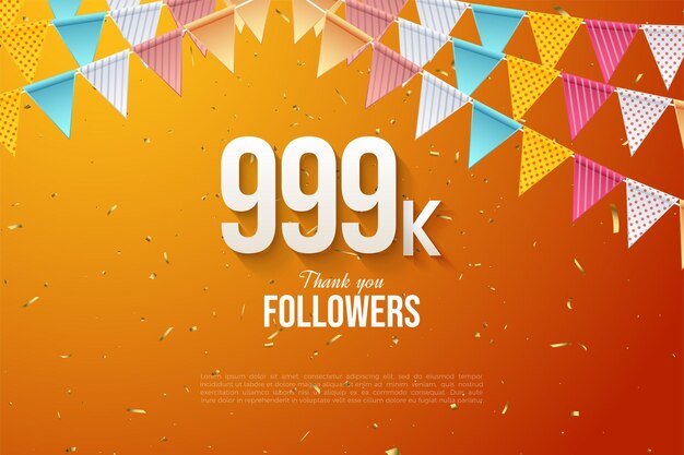 999k seguidores con números y bandera sobre fondo naranja