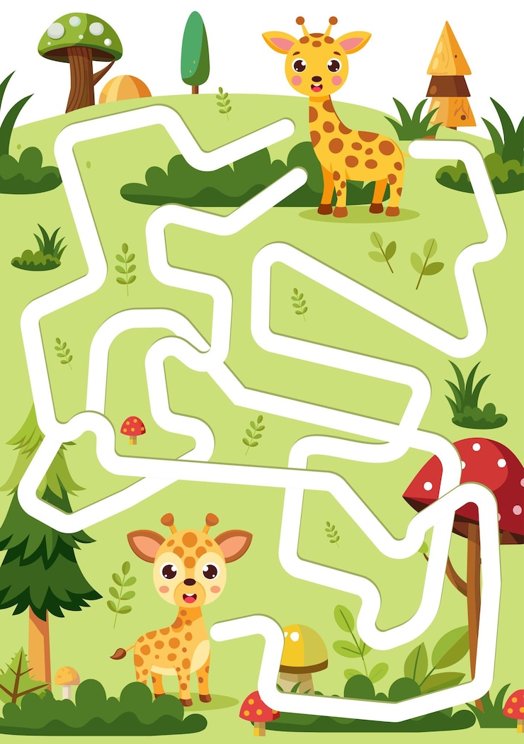 Vector a4 o el lindo rompecabezas del laberinto de la selva con el adorable bebé jirafa original