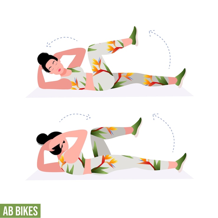 Vector ab bicicletas ejercicio mujer entrenamiento fitness aeróbico y ejercicios