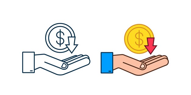 Abajo signo de dólar en manos sobre fondo blanco. Ilustración de stock vectorial.