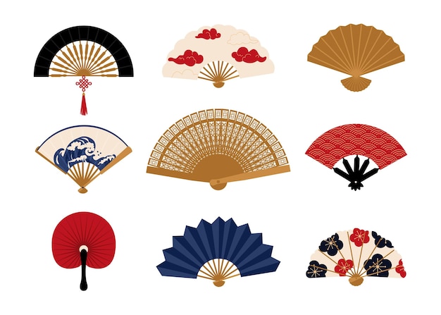 Vector abanico de papel chino plegado pintado accesorios de mano colección de elementos decorativos de ropa vintage tradicional japonesa recuerdos brillantes asiáticos aislados conjunto de ropa oriental vectorial