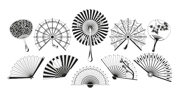 Vector abanicos asiáticos en blanco y negro iconos aislados elegantes tesoros hechos a mano hechos de materiales delicados como seda y bambú muestran diseños intrincados y arte ilustración vectorial monocromática