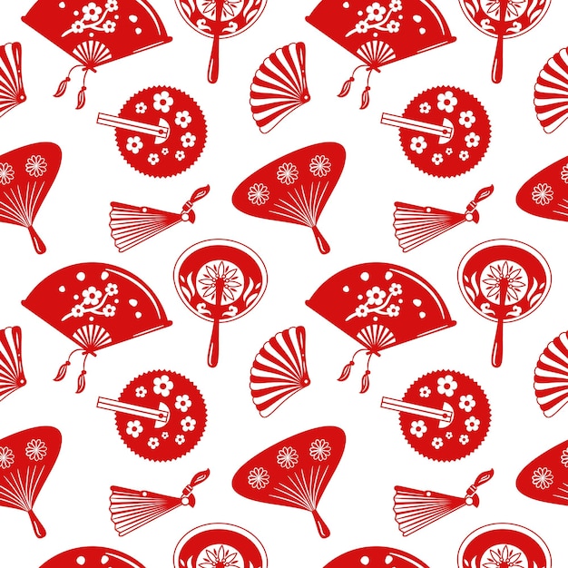 Abanicos de mano de patrones sin fisuras Silueta roja Accesorios de papel de moda oriental Objetos antiguos de cultura Elementos de diferentes diseños chinos Recuerdos tradicionales Fondo de vector chillón